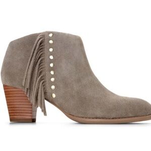 Vionic Taupe Suede Ankle Booties with Fringe